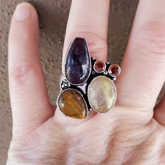 New Amethyst, Golden Rutile, Tiger Eye and Garnet 925 Silver Ring. - Picture 4 of 15